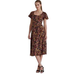 Lauren Ralph Lauren Black Floral Midi Dress with Pink & Yellow Flowers